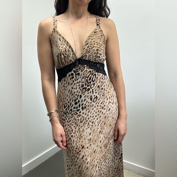 Dresses & Skirts - Vintage Y2K Leopard print Jersey Maxi Dress Lace Detail Bow Front Sleeveless M